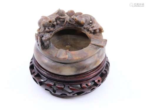 VINTAGE SOAPSTONE ASHTRAY AND WOODEN STAND, CARVED CARP TO R...