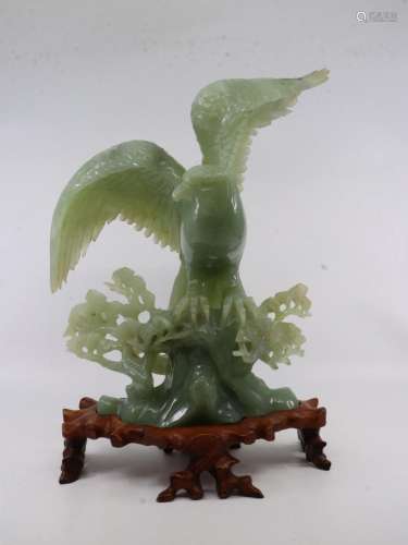 VINTAGE CARVED JADE FIGURE OF EAGLE ON TREE WITH WOODEN STAN...
