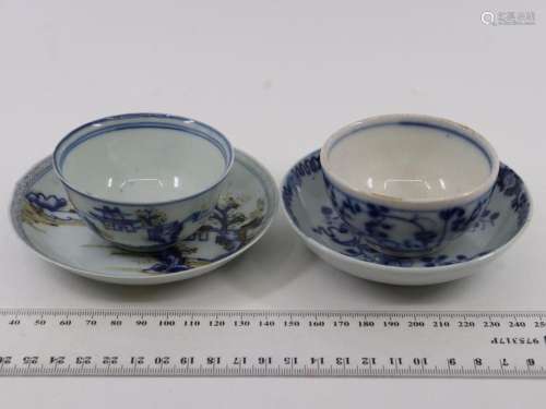 2 X CHINESE TEA BOWL AND SAUCERS, BLUE AND WHITE, MINOR NIBB...
