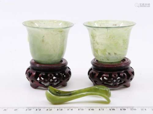 VINTAGE CHINESE PAIR OF CONDIMENT BOWLS AND SPOONS IN SPINAC...