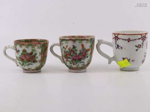 3 X ANTIQUE CHINESE EXPORT WARE TEA CUPS, FAMILLE ROSE AND R...