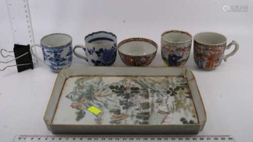 SELECTION OF ANTIQUE CHINESE POLYCHROME ITEMS TEA CUPS AND S...