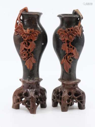 PAIR OF EARLY 20TH CENTURY HAND CARVED SOAPSTONE VASES, WITH...