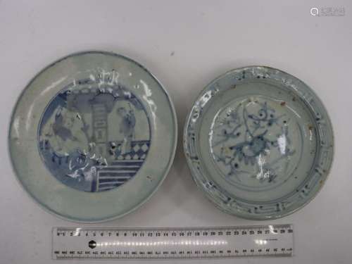 2 X CHINESE BLUE AND WHITE HAND PAINTED PLATES,