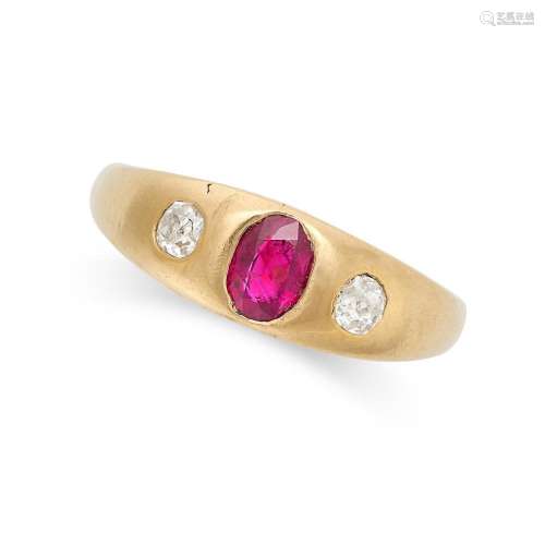 AN ANTIQUE RUBY AND DIAMOND GYPSY RING in 18ct yellow gold, ...