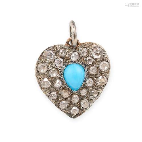 AN ANTIQUE DIAMOND AND TURQUOISE HEART PENDANT in silver and...