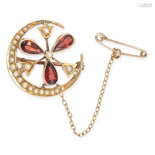 A VINTAGE GARNET AND PEARL CRESCENT MOON AND CLOVER BROOCH i...