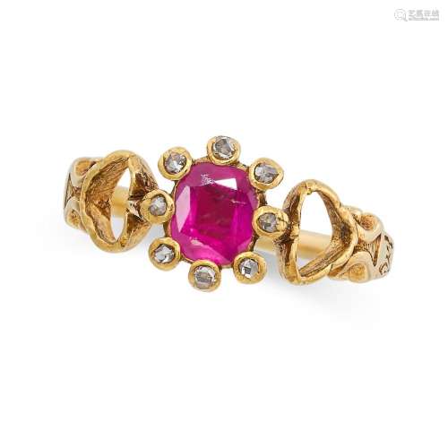 A RUBY AND DIAMOND RING in yellow gold, set with a cushion c...