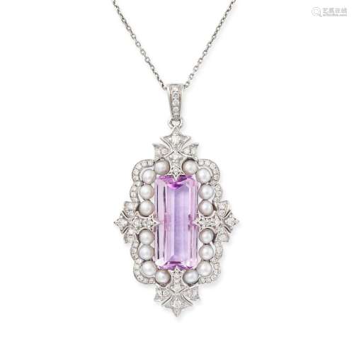 A KUNZITE, PEARL AND DIAMOND PENDANT NECKLACE in 18ct white ...