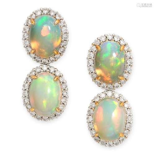 A PAIR OF OPAL AND DIAMOND CLUSTER EARRINGS in 18ct white go...