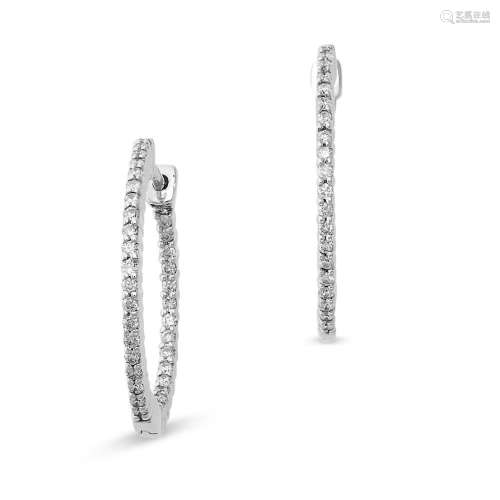 A PAIR OF DIAMOND HOOP EARRINGS set inside out with round br...