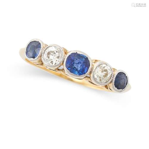 AN ANTIQUE SAPPHIRE AND DIAMOND RING in yellow gold, set wit...