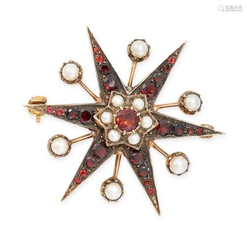 A VINTAGE GARNET AND PEARL STAR BROOCH,1963 in 9ct yellow go...