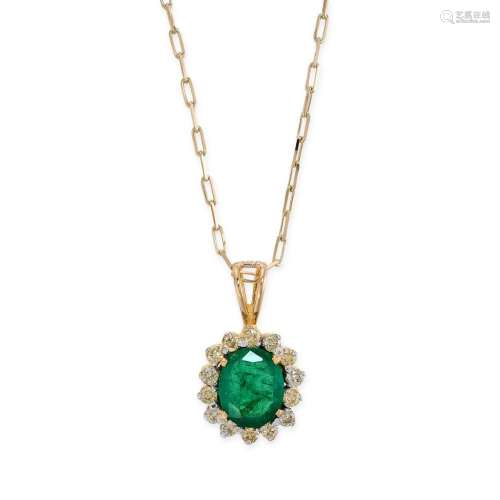 AN EMERALD AND DIAMOND PENDANT AND CHAIN in 14ct yellow gold...