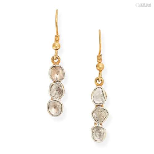 A PAIR OF DIAMOND DROP EARRINGS each set with three flat cut...