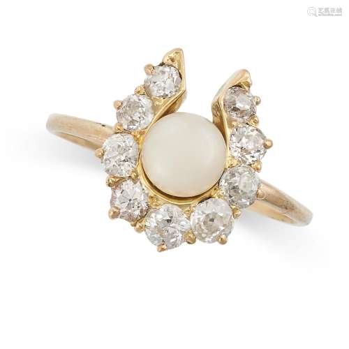 A VINTAGE DIAMOND AND PEARL HORSESHOE RING in yellow gold, d...