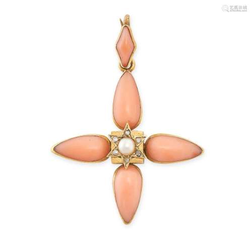 AN ANTIQUE CORAL, DIAMOND AND PEARL PENDANT in yellow gold, ...