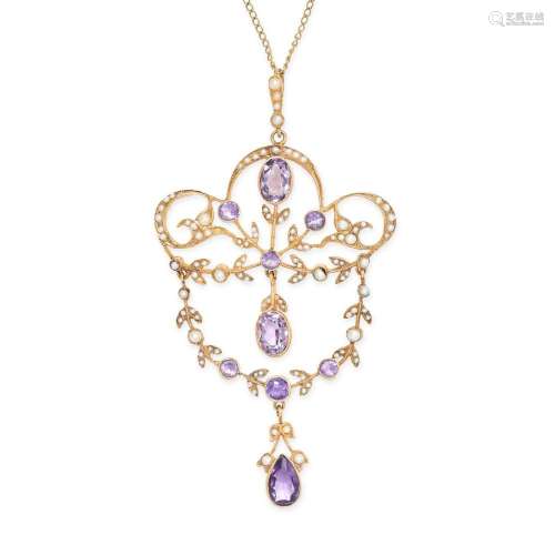 AN ANTIQUE EDWARDIAN AMETHYST AND PEARL PENDANT AND CHAIN in...