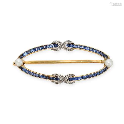 AN ANTIQUE SAPPHIRE, PEARL AND DIAMOND BROOCH in 18ct yellow...
