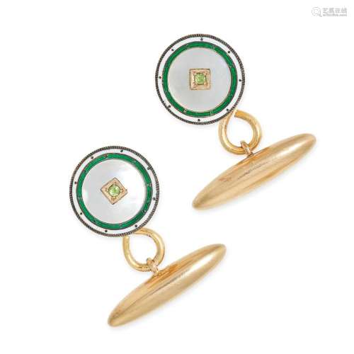 A PAIR OF ANTIQUE MOTHER OF PEARL, GREEN GARNET AND ENAMEL C...