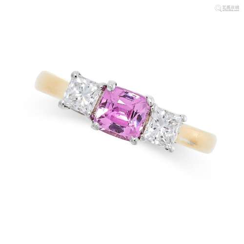 A PINK SAPPHIRE AND DIAMOND RING in 18ct yellow gold, set wi...