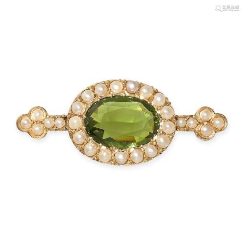 A GREEN PASTE AND PEARL BROOCH in yellow gold, set with an o...