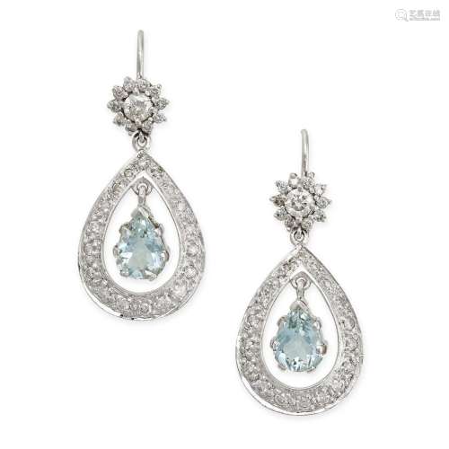A PAIR OF AQUAMARINE AND DIAMOND DROP EARRINGS each set with...