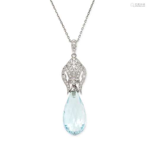 AN AQUAMARINE AND DIAMOND PENDANT NECKLACE in 18ct white gol...