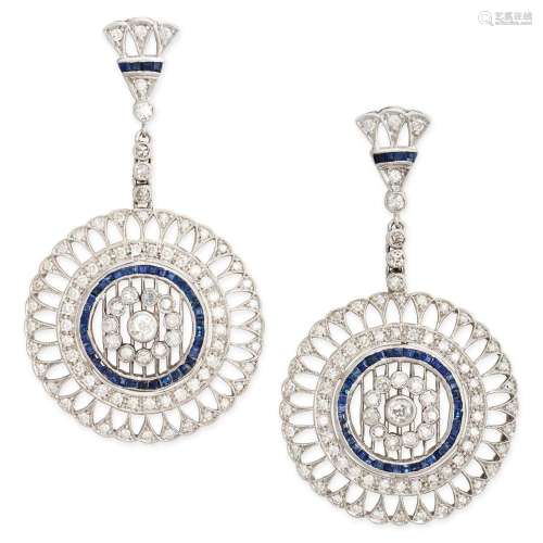 A PAIR OF DIAMOND AND SAPPHIRE DROP EARRINGS in Art Deco des...
