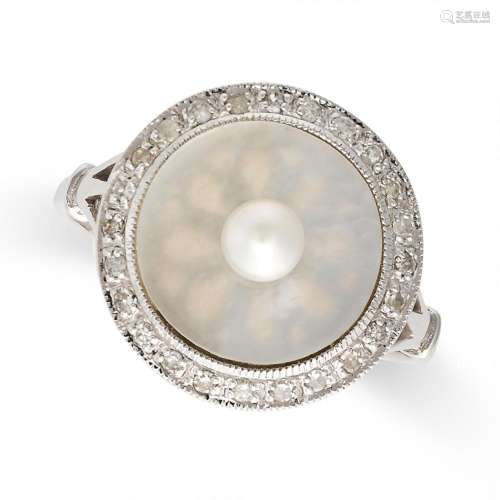 A MOTHER OF PEARL, PEARL AND DIAMOND RING the circular face ...