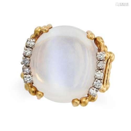 A VINTAGE MOONSTONE AND DIAMOND RING in 18ct yellow gold, se...
