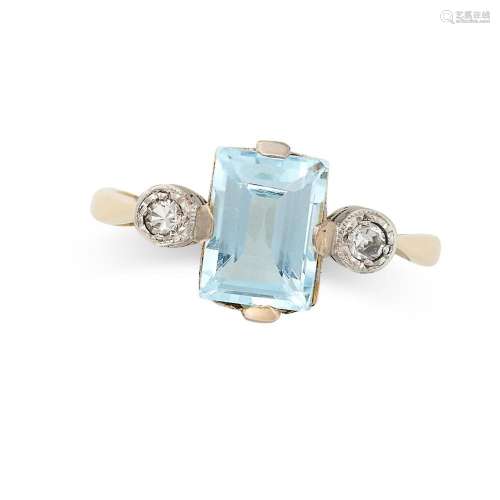 AN AQUAMARINE AND DIAMOND RING in 18ct yellow gold and plati...