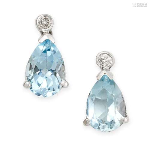 A PAIR OF AQUAMARINE AND DIAMOND EARRINGS each set with a ro...