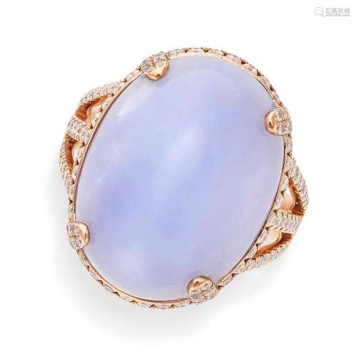 A LAVENDER JADE AND DIAMOND RING in 18ct rose gold, set with...