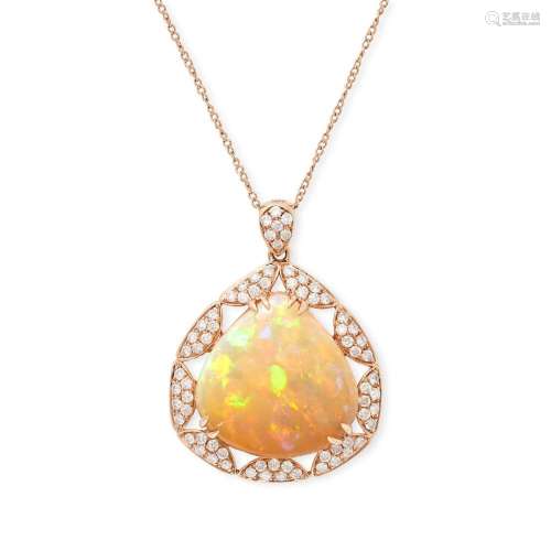 AN OPAL AND DIAMOND PENDANT NECKLACE in 18ct yellow gold, se...