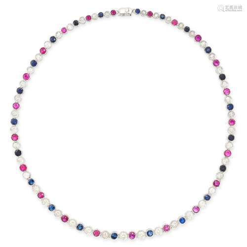 A RUBY, SAPPHIRE AND DIAMOND LINE NECKLACE in 18ct white gol...