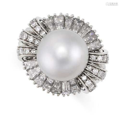 A VINTAGE PEARL AND DIAMOND RING in 18ct white gold, set wit...