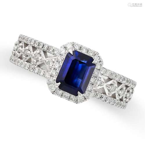 A SAPPHIRE AND DIAMOND RING in platinum, set with and emeral...