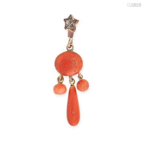 AN ANTIQUE CORAL AND DIAMOND PENDANT in yellow gold, compris...