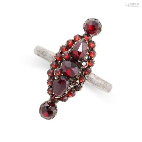 AN ANTIQUE BOHEMIAN GARNET RING in silver, set with rose cut...