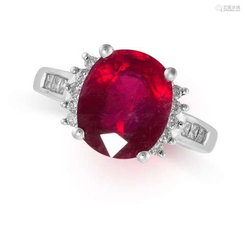 A GLASS FILLED RUBY AND DIAMOND RING in 14ct white gold, set...