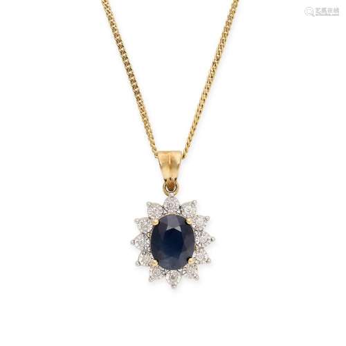 A SAPPHIRE AND DIAMOND PENDANT NECKLACE set with a central o...