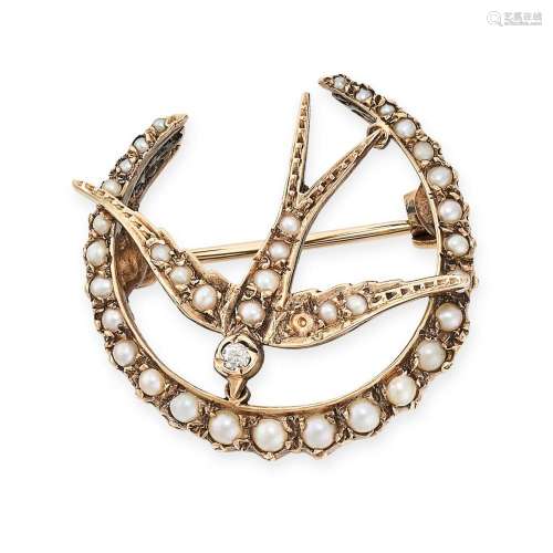 A VINTAGE PEARL CRESCENT MOON BROOCH in 9ct yellow gold, des...