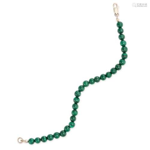 A MALACHITE BRACELET AND PAIR OF EARRINGS in silver, the bra...