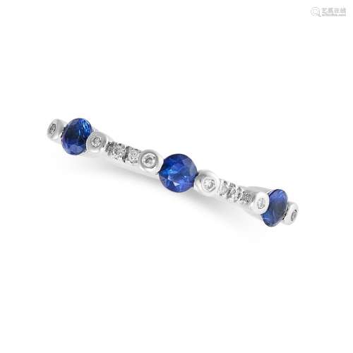 A SAPPHIRE AND DIAMOND BAND RING in 18ct white gold, set wit...