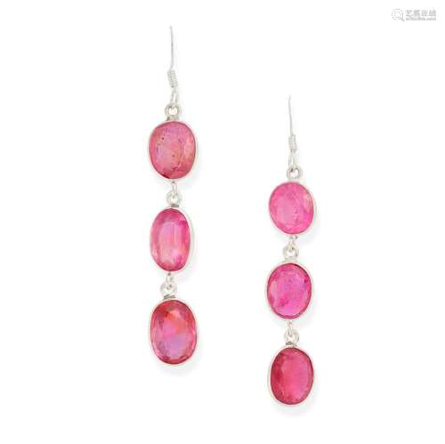 A PAIR OF GLASS FILLED RUBY DROP EARRINGS each set with thre...
