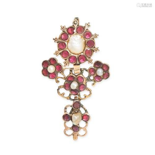 AN ANTIQUE GARNET AND PEARL PENDANT in yellow gold, set with...