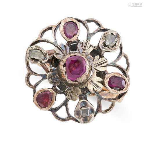 A VINTAGE RUBY AND DIAMOND RING in yellow gold and silver, t...
