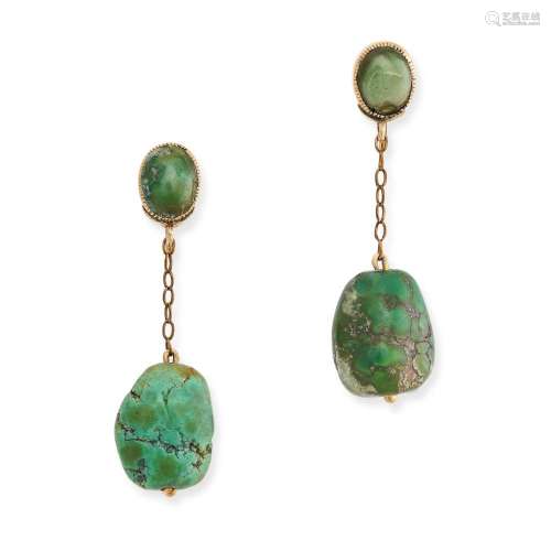 A PAIR OF VINTAGE TURQUOISE DROP EARRINGS in yellow gold, ea...