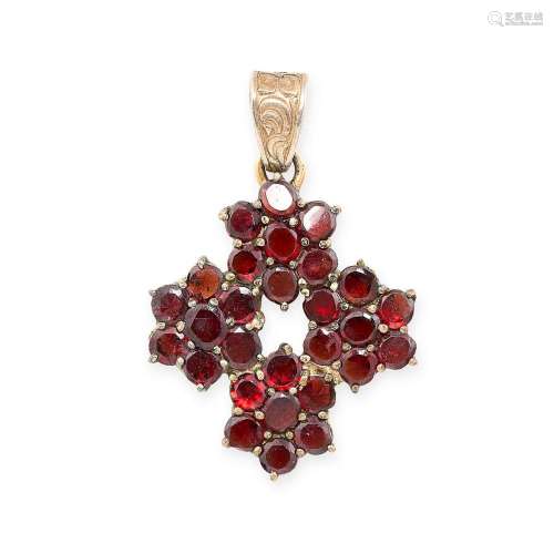 AN ANTIQUE BOHEMIAN GARNET PENDANT designed as four clusters...